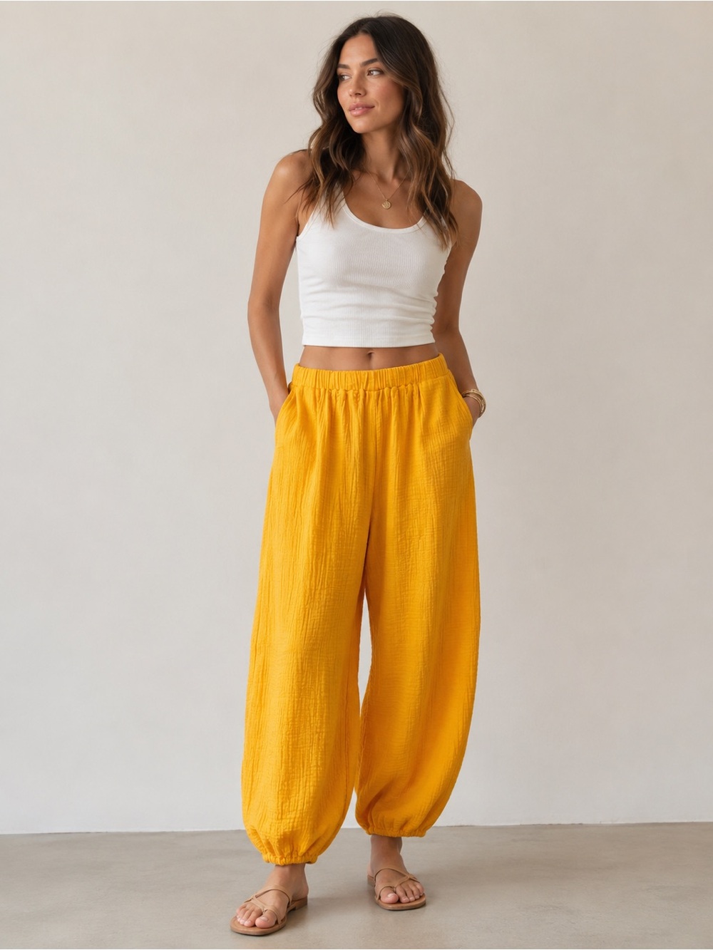 Mustard Yellow |Linen/Poly Blend | Gauze Muslin Harem Boho Balloon Pants |Size M